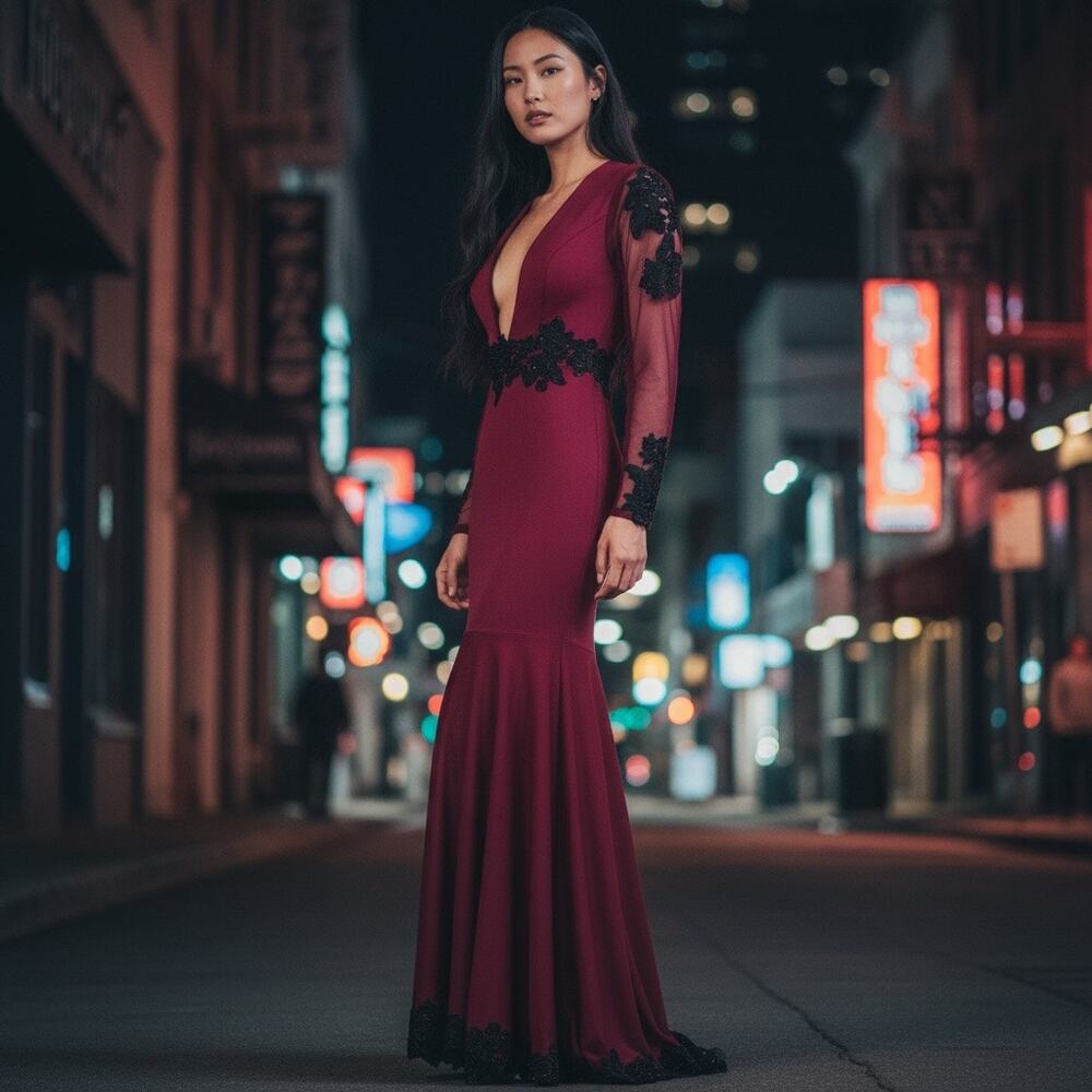 Trumpet Gown Dress Sheer Long Appliqued Sleeves Deep V - Cranberry & Black  4